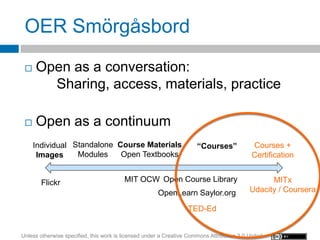OER Smörgåsbord
    Open as a conversation:
       Sharing, access, materials, practice

    Open as a continuum
     In...