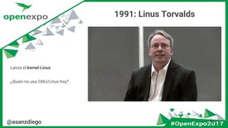 1991: Linus Torvalds
12@asanzdiego
Lanza el kernel Linux.
¿Quien no usa GNU/Linux hoy?
 