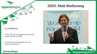 2003: Matt Mullenweg
19@asanzdiego
Crea WordPress.
Y hoy 27% de las páginas de Internet
están hechas con WP.
¿Lo hubiese conseguido con una
licencia privativa?
 