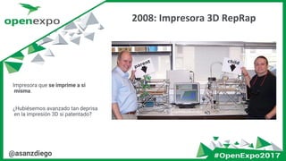 @asanzdiego
2008: Impresora 3D RepRap
Impresora que se imprime a si
misma.
¿Hubiésemos avanzado tan deprisa
en la impresión 3D si patentado?
 