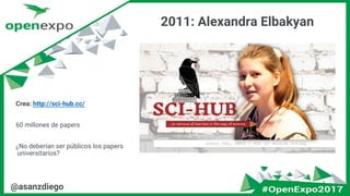 @asanzdiego
2011: Alexandra Elbakyan
Crea: http://sci-hub.cc/
60 millones de papers
¿No deberían ser públicos los papers
universitarios?
 