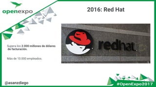 @asanzdiego
2016: Red Hat
Supera los 2.000 millones de dólares
de facturación.
Más de 10.000 empleados.
 