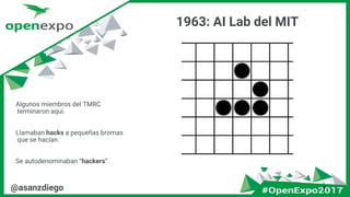 1963: AI Lab del MIT
@asanzdiego 5
Algunos miembros del TMRC
terminaron aquí.
Llamaban hacks a pequeñas bromas
que se hacían.
Se autodenominaban “hackers”.
 