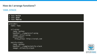 How do I arrange functions?
provider:
name: faas
url-ping:
lang: python
handler: ./sample/url-ping
image: of/url-ping
environment:
http_proxy: http://corp1.com
notify-slack:
lang: python
handler: ./sample/notify-slack
image: of/notify-slack
$ faas build
$ faas push
$ faas deploy
YAML STACK
 