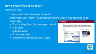 How did OpenFaaS come about?
STORY SO FAR
• “Lambda but with containers for Alexa”
• Dockercon Cool Hacks - “push Docker beyond what it was designed to do”
• Since May
• Top trending Open Source project overall
• > 8k stars
• Industry Award
• Production users
• Kubernetes, Nomad, DC/OS, Cattle
Commits: 876, Forks: 372 Stars: 6589
 