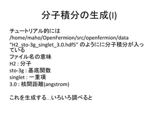分子積分の生成(I)	
チュートリアル的には	
/home/maho/OpenFermion/src/openfermion/data	
“H2_sto-3g_singlet_3.0.hdf5”	のようにに分子積分が入っ
ている	
ファイル名の意味	
H2	:	分子	
sto-3g	:	基底関数	
singlet	:	一重項	
3.0	:	核間距離(angstrom)	
	
これを生成する…いろいろ調べると	
 
