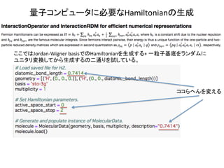 ここではJordan-Wigner	basisでのHamiltonianを生成する+	一粒子基底をランダムに	
ユニタリ変換してから生成するの二通りを試している。	
ココらへんを変える	
量子コンピュータに必要なHamiltonianの生成	
 