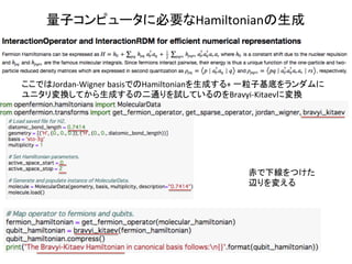 ここではJordan-Wigner	basisでのHamiltonianを生成する+	一粒子基底をランダムに	
ユニタリ変換してから生成するの二通りを試しているのをBravyi-Kitaevに変換	
赤で下線をつけた	
辺りを変える	
量子コンピュータに必要なHamiltonianの生成	
 
