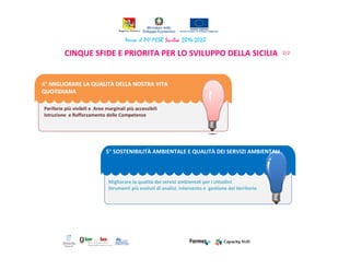2/2
4° MIGLIORARE LA QUALITMIGLIORARE LA QUALITÀÀ DELLA NOSTRA VITADELLA NOSTRA VITA
QUOTIDIANAQUOTIDIANA
Periferie più vivibili e Aree marginali più accessibili
Istruzione e Rafforzamento delle Competenze
5° SOSTENIBILITÀ AMBIENTALE E QUALITÀ DEI SERVIZI AMBIENTALI
Migliorare la qualità dei servizi ambientali per i cittadini
Strumenti più evoluti di analisi, intervento e gestione del territorio
CINQUE SFIDE E PRIORITA PER LO SVILUPPO DELLA SICILIA
 