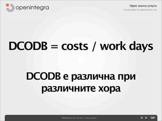 Open source услуги
                                                      Как да правим по-добър бизнес с тях




DCODB = costs / work days

   DCODB е различна при
     различните хора

         OPENINTEGRA, Nov. 5th 2011 - Yovko Lambrev
 