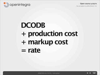Open source услуги
                                                  Как да правим по-добър бизнес с тях




DCODB
+ production cost
+ markup cost
= rate

     OPENINTEGRA, Nov. 5th 2011 - Yovko Lambrev
 