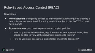 Role-Based Access Control (RBAC)
Downsides:
● Role explosion: delegating access to individual resources requires creating a
new role per resource. (and if you try to add the roles to the JWT? You can’t
have many!)
● Expressiveness: you can’t express more complex policies
○ How do you handle hierarchies, e.g. if a user can view a parent folder, they
should be able to view all the documents inside child folders?
○ How do you grant access to a single folder or a single document?
 