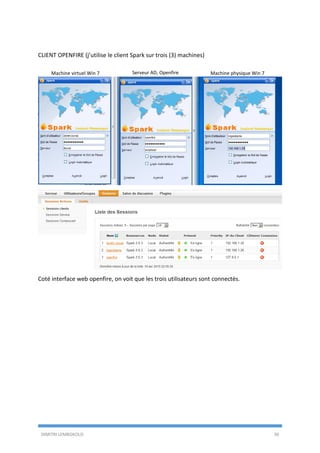 DIMITRI LEMBOKOLO 30
CLIENT OPENFIRE (j’utilise le client Spark sur trois (3) machines)
Coté interface web openfire, on voit que les trois utilisateurs sont connectés.
Machine virtuel Win 7 Serveur AD, Openfire Machine physique Win 7
 