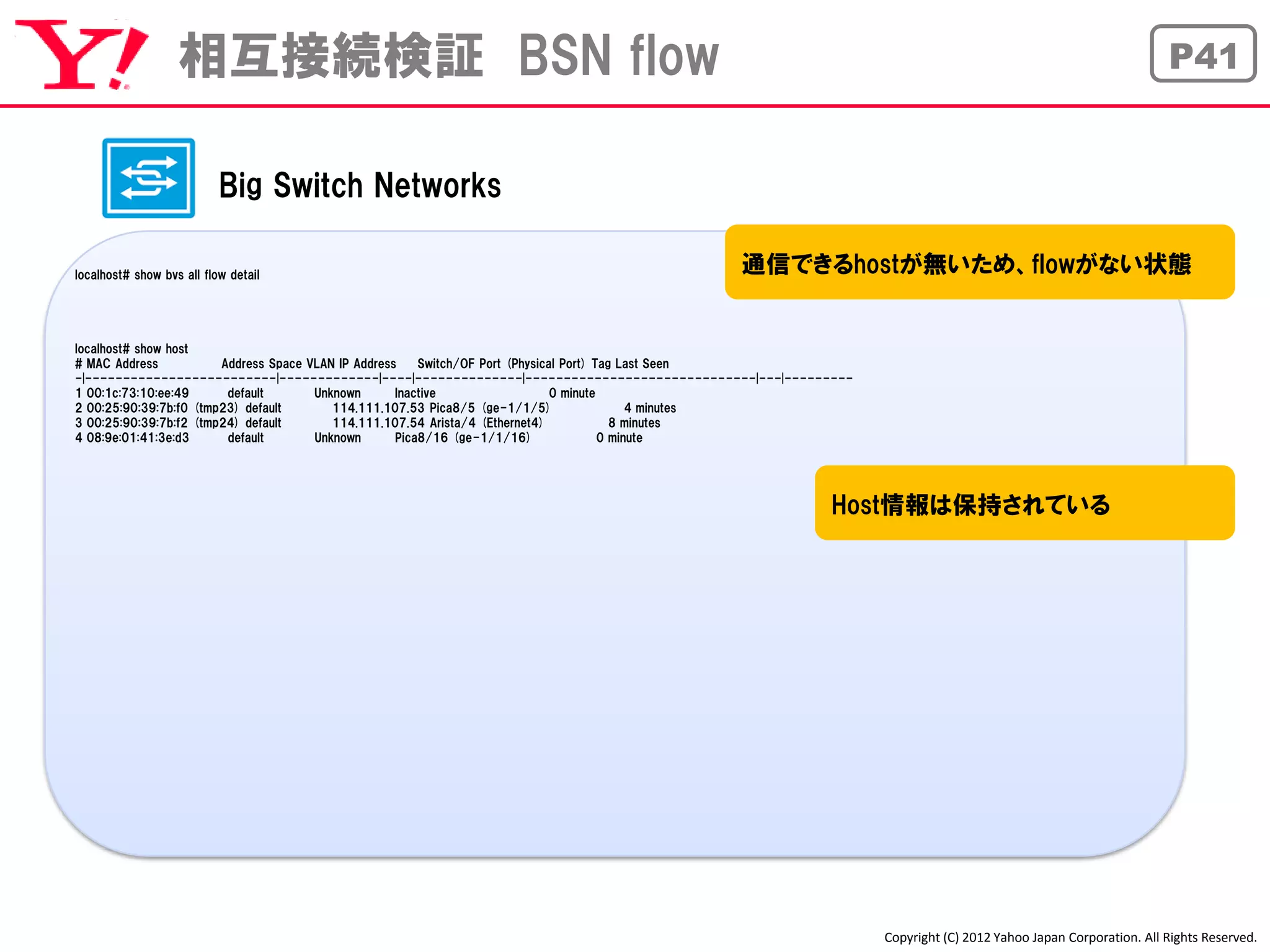 相互接続検証 BSN flow                                                                                                                           P41


                           Big Switch Networks

localhost# show bvs all flow detail
                                                                                          通信できるhostが無いため、flowがない状態


localhost# show host
# MAC Address           Address Space VLAN IP Address    Switch/OF Port (Physical Port) Tag Last Seen
-|-------------------------|-------------|----|--------------|------------------------------|---|---------
1 00:1c:73:10:ee:49      default       Unknown       Inactive                   0 minute
2 00:25:90:39:7b:f0 (tmp23) default       114.111.107.53 Pica8/5 (ge-1/1/5)                   4 minutes
3 00:25:90:39:7b:f2 (tmp24) default       114.111.107.54 Arista/4 (Ethernet4)              8 minutes
4 08:9e:01:41:3e:d3      default       Unknown       Pica8/16 (ge-1/1/16)                0 minute




                                                                                                       Host情報は保持されている




                                                                                                             Copyright (C) 2012 Yahoo Japan Corporation. All Rights Reserved.
 