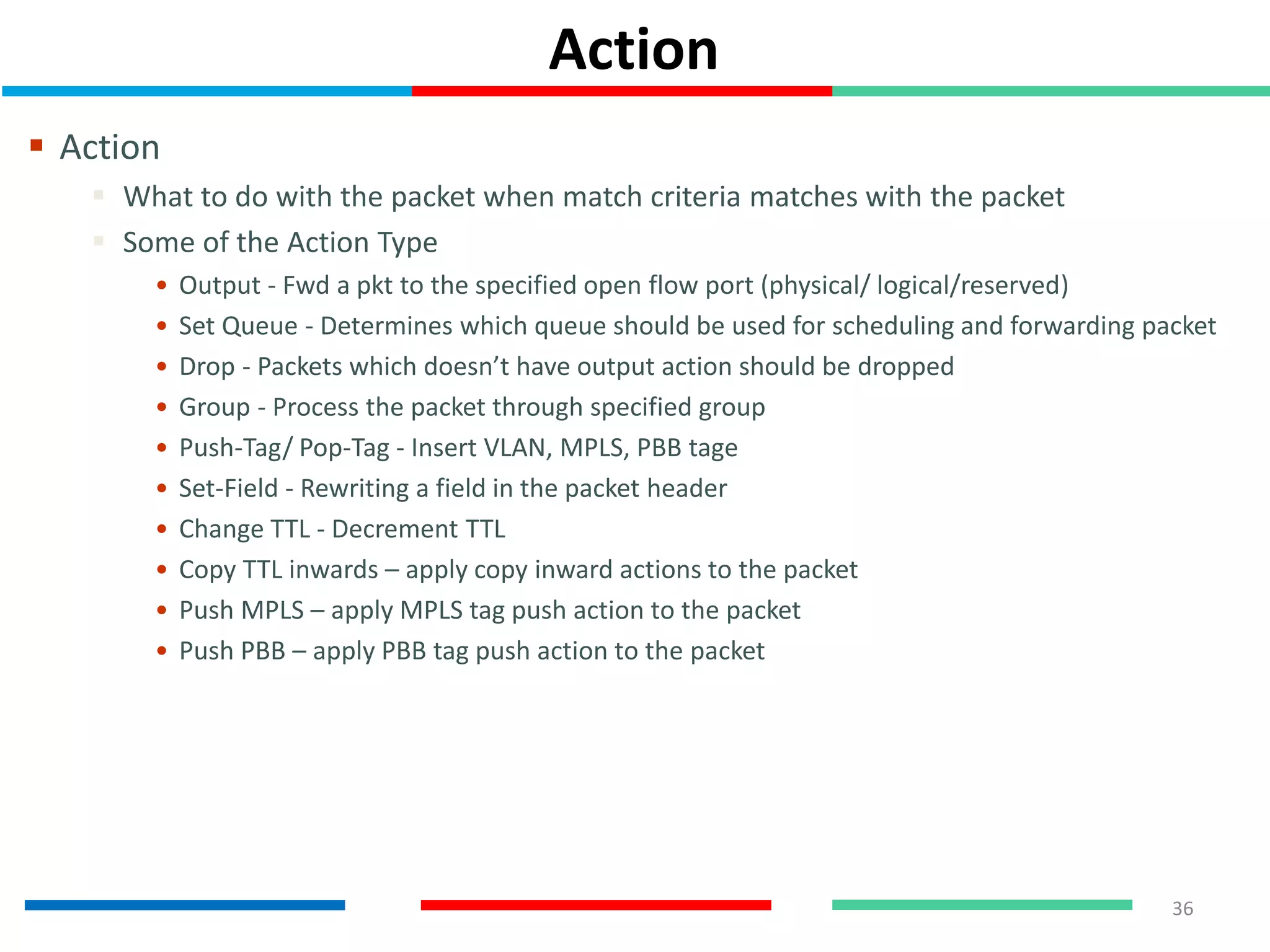 Action
 Action
 What to do with the packet when match criteria matches with the packet
 Some of the Action Type
• Output - Fwd a pkt to the specified open flow port (physical/ logical/reserved)
• Set Queue - Determines which queue should be used for scheduling and forwarding packet
• Drop - Packets which doesn’t have output action should be dropped
• Group - Process the packet through specified group
• Push-Tag/ Pop-Tag - Insert VLAN, MPLS, PBB tage
• Set-Field - Rewriting a field in the packet header
• Change TTL - Decrement TTL
• Copy TTL inwards – apply copy inward actions to the packet
• Push MPLS – apply MPLS tag push action to the packet
• Push PBB – apply PBB tag push action to the packet
36
 