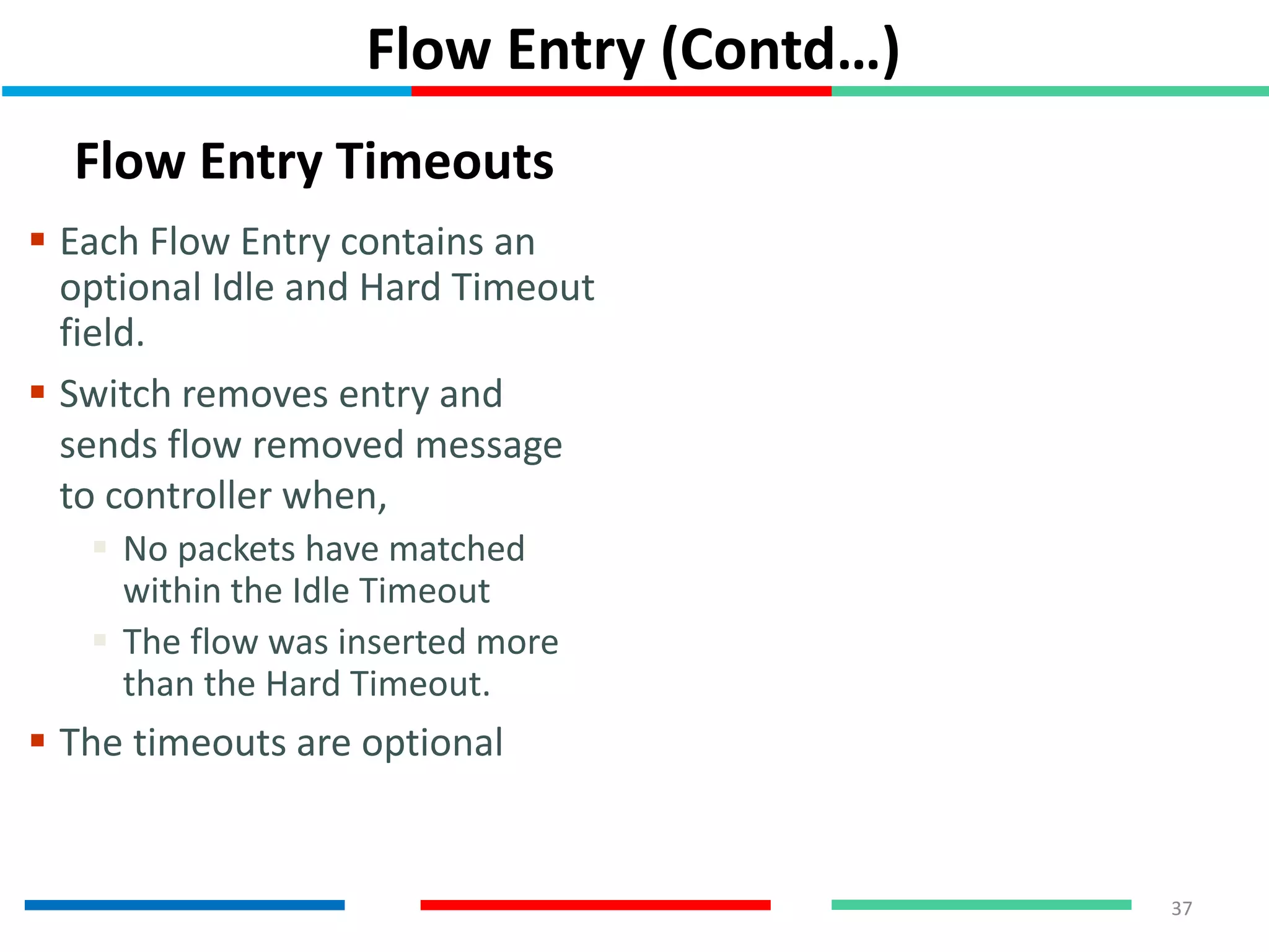 Flow Entry (Contd…)
 Each Flow Entry contains an
optional Idle and Hard Timeout
field.
 Switch removes entry and
sends flow removed message
to controller when,
 No packets have matched
within the Idle Timeout
 The flow was inserted more
than the Hard Timeout.
 The timeouts are optional
37
Flow Entry Timeouts
 