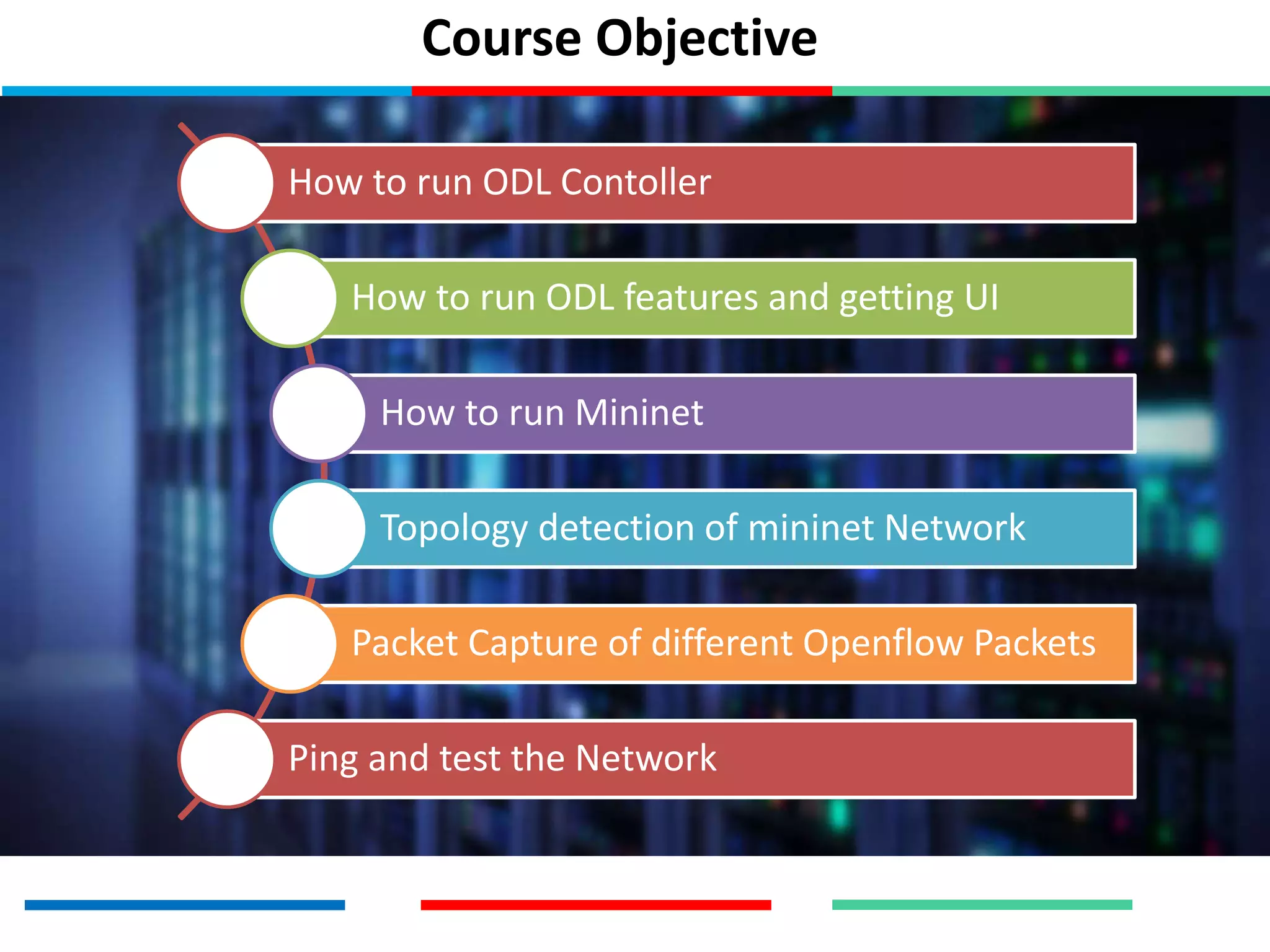 Course Objective
How to run ODL Contoller
How to run ODL features and getting UI
How to run Mininet
Topology detection of mininet Network
Packet Capture of different Openflow Packets
Ping and test the Network
 