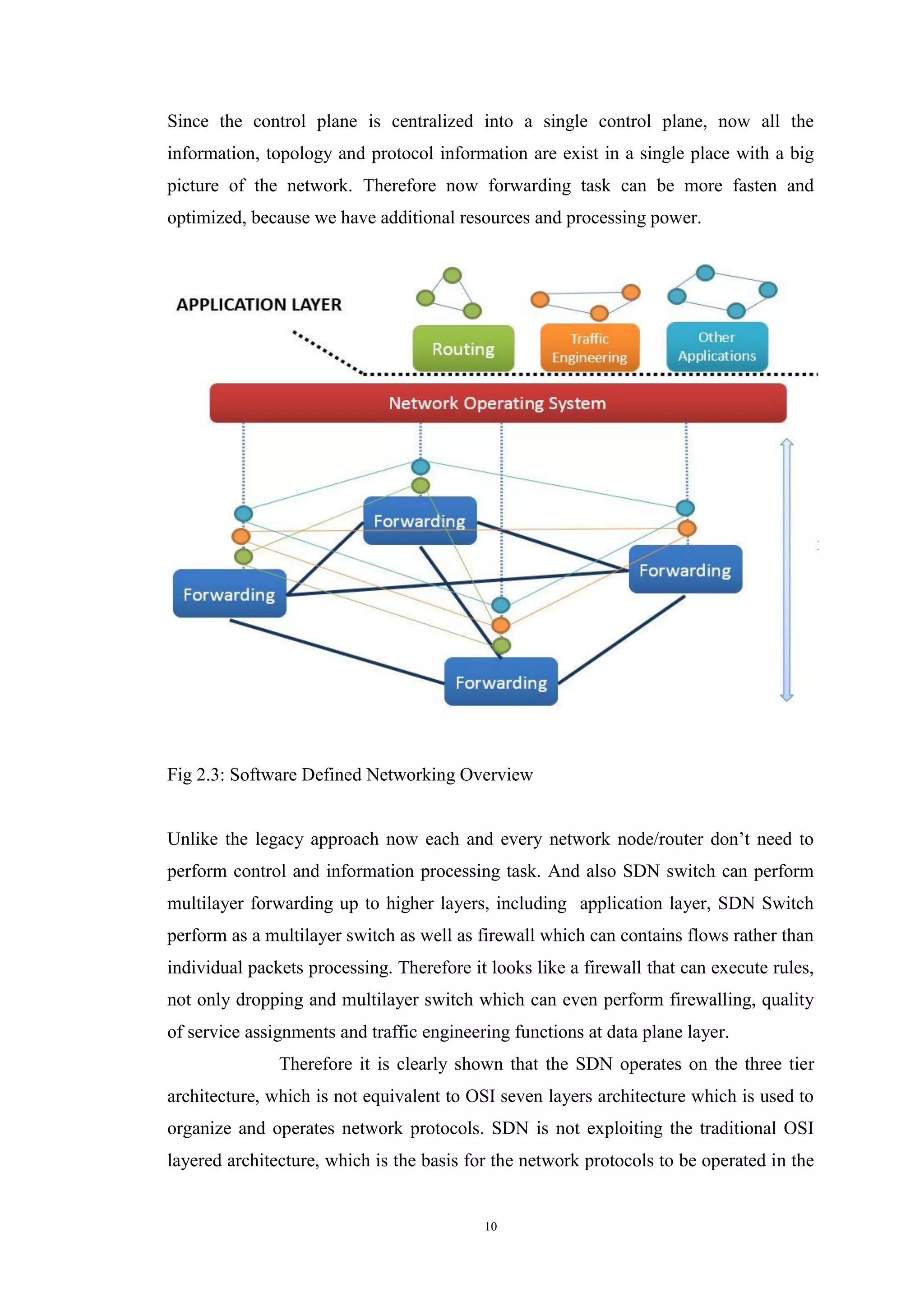 10
Since the control plane is centralized into a single control plane, now all the
information, topology and protocol information are exist in a single place with a big
picture of the network. Therefore now forwarding task can be more fasten and
optimized, because we have additional resources and processing power.
Fig 2.3: Software Defined Networking Overview
Unlike the legacy approach now each and every network node/router don’t need to
perform control and information processing task. And also SDN switch can perform
multilayer forwarding up to higher layers, including application layer, SDN Switch
perform as a multilayer switch as well as firewall which can contains flows rather than
individual packets processing. Therefore it looks like a firewall that can execute rules,
not only dropping and multilayer switch which can even perform firewalling, quality
of service assignments and traffic engineering functions at data plane layer.
Therefore it is clearly shown that the SDN operates on the three tier
architecture, which is not equivalent to OSI seven layers architecture which is used to
organize and operates network protocols. SDN is not exploiting the traditional OSI
layered architecture, which is the basis for the network protocols to be operated in the
 