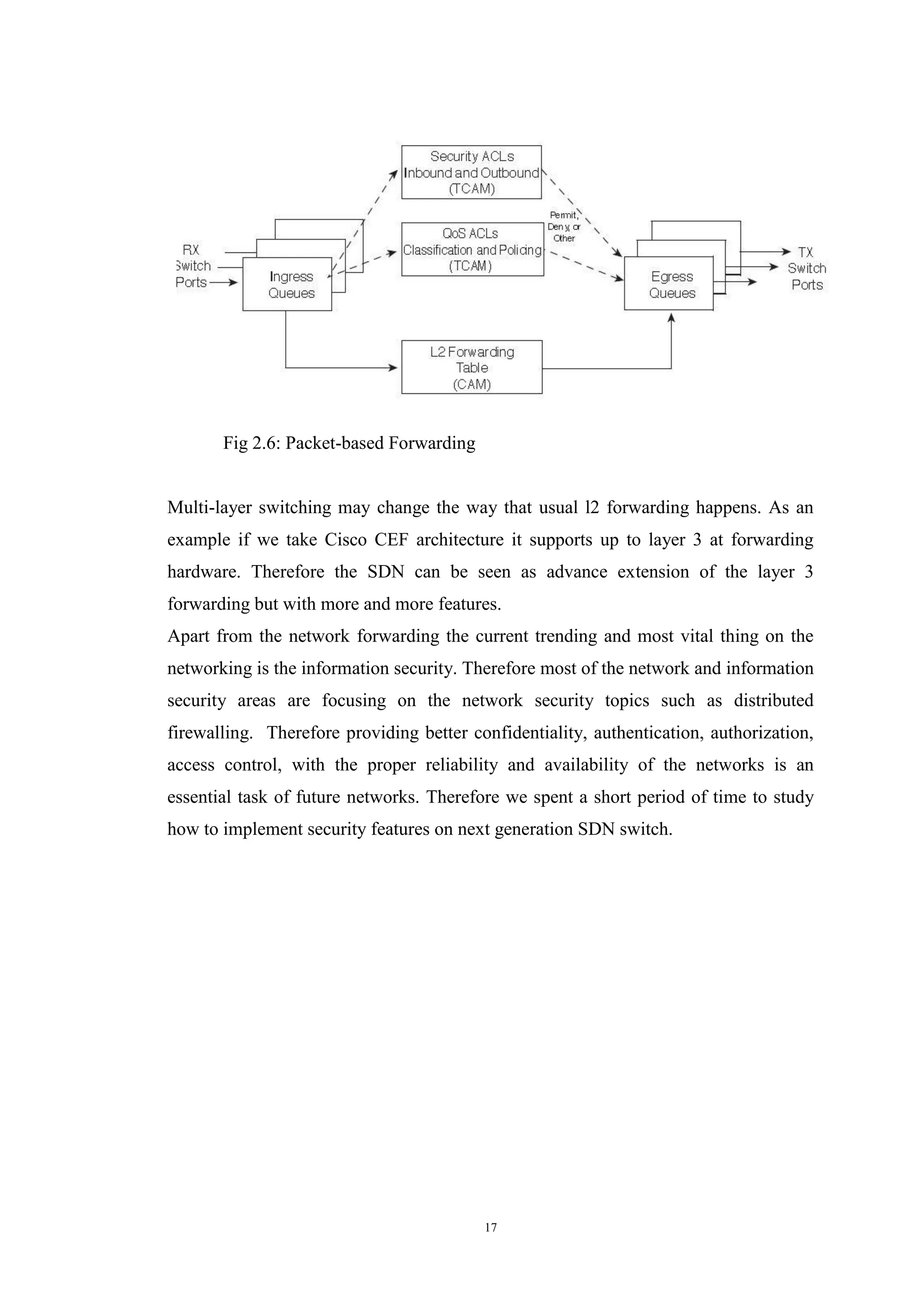 17
Fig 2.6: Packet-based Forwarding
Multi-layer switching may change the way that usual l2 forwarding happens. As an
example if we take Cisco CEF architecture it supports up to layer 3 at forwarding
hardware. Therefore the SDN can be seen as advance extension of the layer 3
forwarding but with more and more features.
Apart from the network forwarding the current trending and most vital thing on the
networking is the information security. Therefore most of the network and information
security areas are focusing on the network security topics such as distributed
firewalling. Therefore providing better confidentiality, authentication, authorization,
access control, with the proper reliability and availability of the networks is an
essential task of future networks. Therefore we spent a short period of time to study
how to implement security features on next generation SDN switch.
 