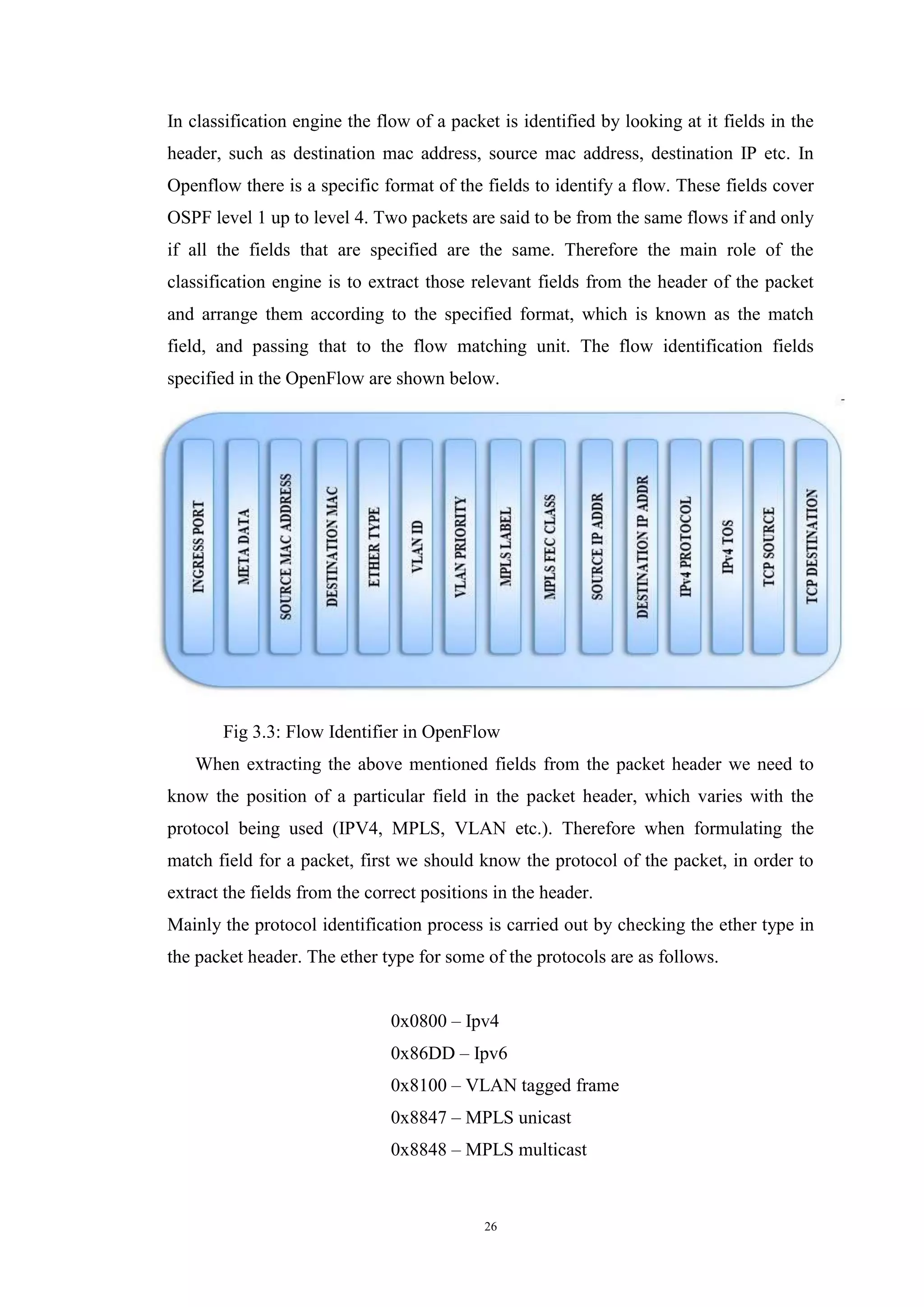 26
In classification engine the flow of a packet is identified by looking at it fields in the
header, such as destination mac address, source mac address, destination IP etc. In
Openflow there is a specific format of the fields to identify a flow. These fields cover
OSPF level 1 up to level 4. Two packets are said to be from the same flows if and only
if all the fields that are specified are the same. Therefore the main role of the
classification engine is to extract those relevant fields from the header of the packet
and arrange them according to the specified format, which is known as the match
field, and passing that to the flow matching unit. The flow identification fields
specified in the OpenFlow are shown below.
Fig 3.3: Flow Identifier in OpenFlow
When extracting the above mentioned fields from the packet header we need to
know the position of a particular field in the packet header, which varies with the
protocol being used (IPV4, MPLS, VLAN etc.). Therefore when formulating the
match field for a packet, first we should know the protocol of the packet, in order to
extract the fields from the correct positions in the header.
Mainly the protocol identification process is carried out by checking the ether type in
the packet header. The ether type for some of the protocols are as follows.
0x0800 – Ipv4
0x86DD – Ipv6
0x8100 – VLAN tagged frame
0x8847 – MPLS unicast
0x8848 – MPLS multicast
 