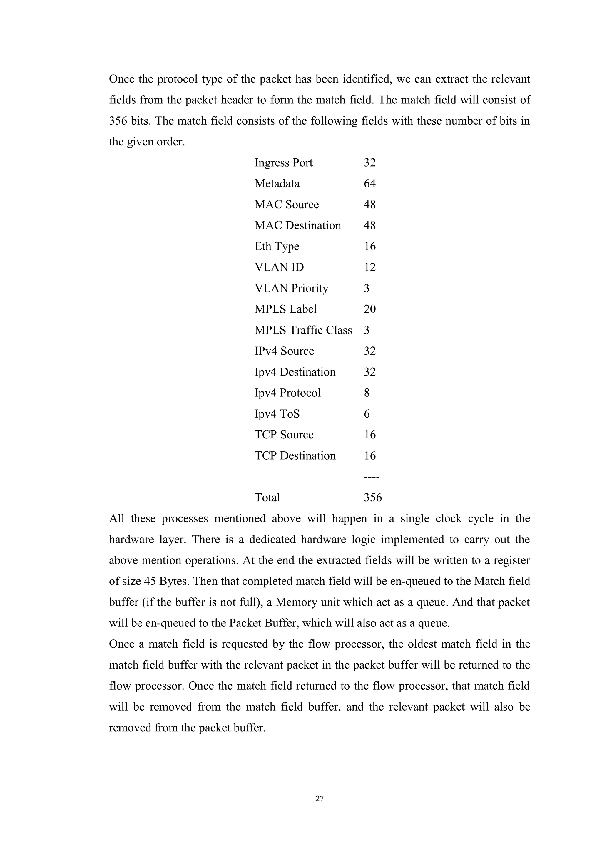 27
Once the protocol type of the packet has been identified, we can extract the relevant
fields from the packet header to form the match field. The match field will consist of
356 bits. The match field consists of the following fields with these number of bits in
the given order.
Ingress Port 32
Metadata 64
MAC Source 48
MAC Destination 48
Eth Type 16
VLAN ID 12
VLAN Priority 3
MPLS Label 20
MPLS Traffic Class 3
IPv4 Source 32
Ipv4 Destination 32
Ipv4 Protocol 8
Ipv4 ToS 6
TCP Source 16
TCP Destination 16
----
Total 356
All these processes mentioned above will happen in a single clock cycle in the
hardware layer. There is a dedicated hardware logic implemented to carry out the
above mention operations. At the end the extracted fields will be written to a register
of size 45 Bytes. Then that completed match field will be en-queued to the Match field
buffer (if the buffer is not full), a Memory unit which act as a queue. And that packet
will be en-queued to the Packet Buffer, which will also act as a queue.
Once a match field is requested by the flow processor, the oldest match field in the
match field buffer with the relevant packet in the packet buffer will be returned to the
flow processor. Once the match field returned to the flow processor, that match field
will be removed from the match field buffer, and the relevant packet will also be
removed from the packet buffer.
 
