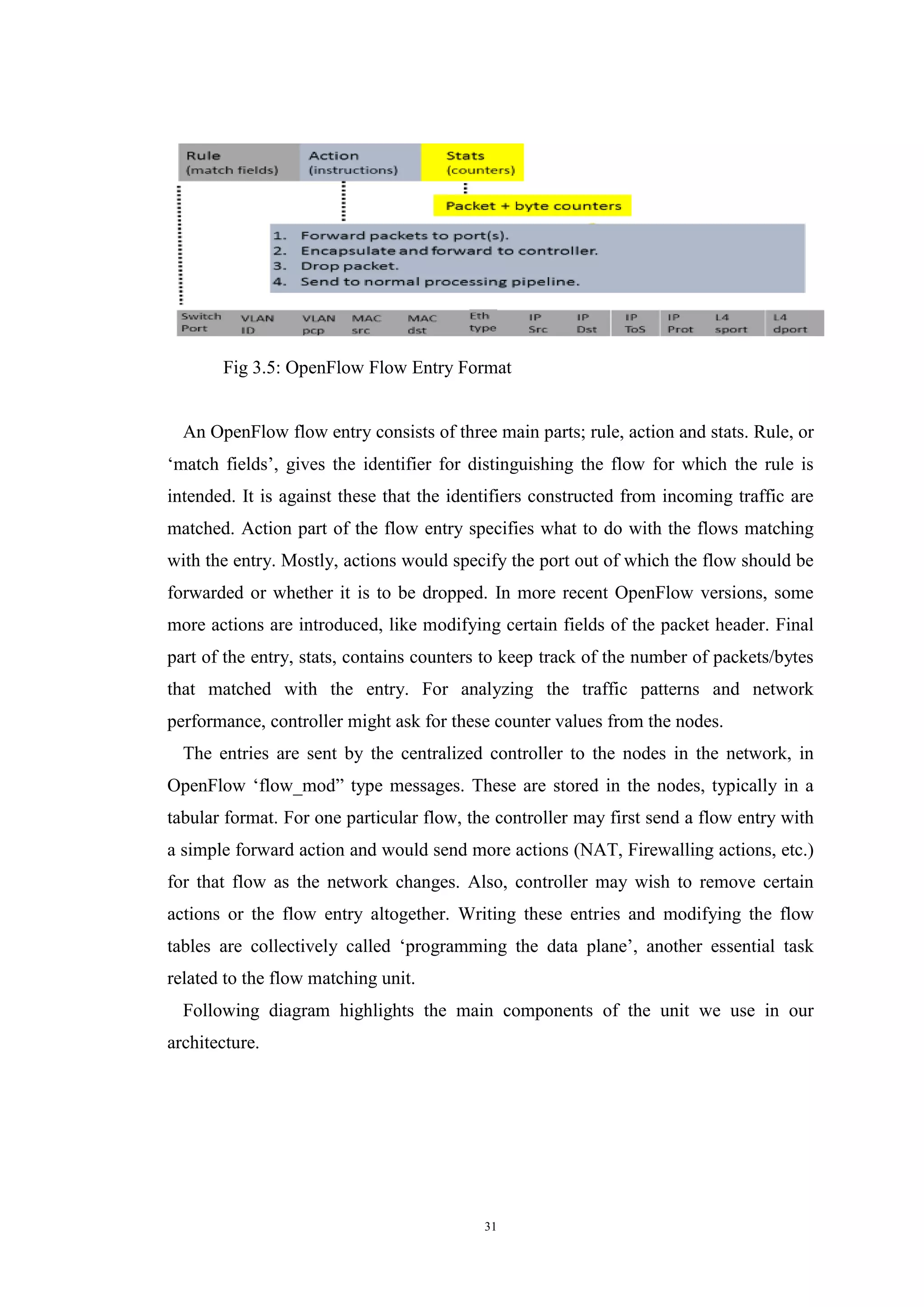 31
Fig 3.5: OpenFlow Flow Entry Format
An OpenFlow flow entry consists of three main parts; rule, action and stats. Rule, or
‘match fields’, gives the identifier for distinguishing the flow for which the rule is
intended. It is against these that the identifiers constructed from incoming traffic are
matched. Action part of the flow entry specifies what to do with the flows matching
with the entry. Mostly, actions would specify the port out of which the flow should be
forwarded or whether it is to be dropped. In more recent OpenFlow versions, some
more actions are introduced, like modifying certain fields of the packet header. Final
part of the entry, stats, contains counters to keep track of the number of packets/bytes
that matched with the entry. For analyzing the traffic patterns and network
performance, controller might ask for these counter values from the nodes.
The entries are sent by the centralized controller to the nodes in the network, in
OpenFlow ‘flow_mod” type messages. These are stored in the nodes, typically in a
tabular format. For one particular flow, the controller may first send a flow entry with
a simple forward action and would send more actions (NAT, Firewalling actions, etc.)
for that flow as the network changes. Also, controller may wish to remove certain
actions or the flow entry altogether. Writing these entries and modifying the flow
tables are collectively called ‘programming the data plane’, another essential task
related to the flow matching unit.
Following diagram highlights the main components of the unit we use in our
architecture.
 
