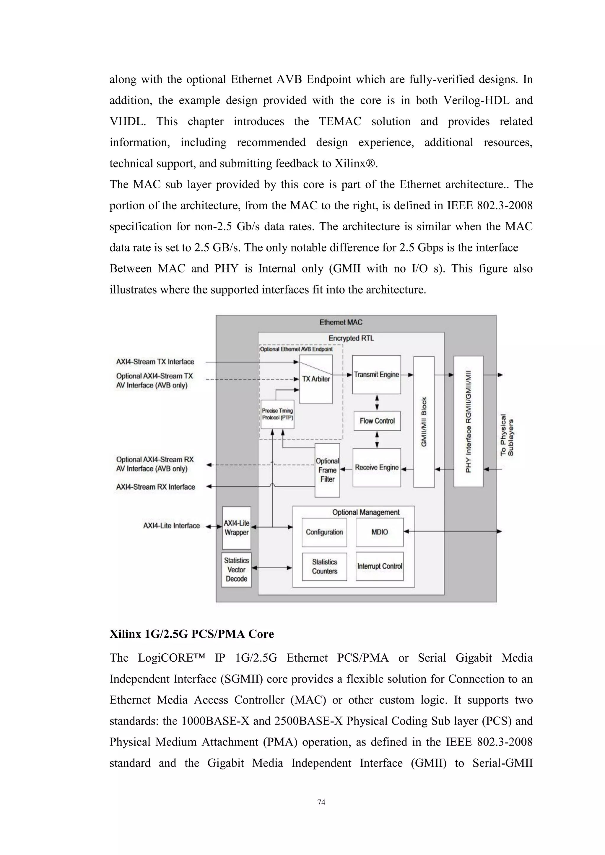 74
along with the optional Ethernet AVB Endpoint which are fully-verified designs. In
addition, the example design provided with the core is in both Verilog-HDL and
VHDL. This chapter introduces the TEMAC solution and provides related
information, including recommended design experience, additional resources,
technical support, and submitting feedback to Xilinx®.
The MAC sub layer provided by this core is part of the Ethernet architecture.. The
portion of the architecture, from the MAC to the right, is defined in IEEE 802.3-2008
specification for non-2.5 Gb/s data rates. The architecture is similar when the MAC
data rate is set to 2.5 GB/s. The only notable difference for 2.5 Gbps is the interface
Between MAC and PHY is Internal only (GMII with no I/O s). This figure also
illustrates where the supported interfaces fit into the architecture.
Xilinx 1G/2.5G PCS/PMA Core
The LogiCORE™ IP 1G/2.5G Ethernet PCS/PMA or Serial Gigabit Media
Independent Interface (SGMII) core provides a flexible solution for Connection to an
Ethernet Media Access Controller (MAC) or other custom logic. It supports two
standards: the 1000BASE-X and 2500BASE-X Physical Coding Sub layer (PCS) and
Physical Medium Attachment (PMA) operation, as defined in the IEEE 802.3-2008
standard and the Gigabit Media Independent Interface (GMII) to Serial-GMII
 