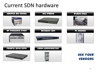 Current SDN hardware
Juniper MX-series       NEC IP8800       WiMax (NEC)




HP Procurve 5400       Netgear 7324      PC Engines




Pronto 3240/3290    Ciena Coredirector


                                            Ask your
                                            vendors

                                                       20
 