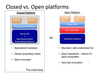 Closed vs. Open platforms
      Closed Platform                         Open Platform
                                          3rd party       3rd party
   Feature        Feature                 App             App

                                                 Public APIs
    Proprietary interface
                                               OS / Controller
           Kernel OS
                +
       Specialized Packet         vs.        Standard hardware
     Forwarding Hardware


  • Specialized hardware                • Standard, well understood hw

  • Closed proprietary stack            • Open standards – vibrant 3rd
                                          party ecosystem
  • Slow innovation
                                                                      4
                                        • Very fast innovation


                The world today
 