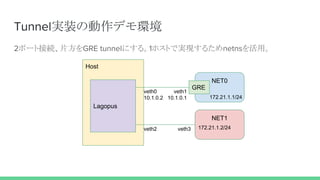 Tunnel実装の動作デモ環境
2ポート接続、片方をGRE tunnelにする。1ホストで実現するためnetnsを活用。
Host
Lagopus
NET0
NET1
GRE
172.21.1.1/24
172.21.1.2/24
veth1
10.1.0.1
veth0
10.1.0.2
veth2 veth3
 
