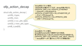 ofp_action_decap
struct ofp_action_decap {
uint16_t type;
uint16_t len;
uint32_t cur_pkt_type;
uint32_t new_pkt_type:
uint8_t pad[4];
};
decap前のパケット種別。
validate用と定義されているが、 decap対象と考える。
(OFPHTN_ONF<<16) | OFPHTO_ETHERNET
→ Ethernetヘッダをdecapする。
(OFPHTN_ETHERTYPE<<16) | ETHERTYPE_IP
→ IPv4ヘッダをdecapする。
(OFPHTN_IPPROTO<<16) | IPPROTO_GRE
→ GREヘッダをdecapする。
decap後のパケット種別。
decap後のpayloadをどう解釈するかの指定。
例:GREをdecapしたあとがL2なのかIPなのかを指定する。
(OFPHTN_ONF<<16) | OFPHTO_USE_NEXT_PROTO
→ decap前のヘッダに書かれたプロトコル情報を使う
 