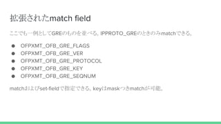 拡張されたmatch field
ここでも一例としてGREのものを並べる。IPPROTO_GREのときのみmatchできる。
● OFPXMT_OFB_GRE_FLAGS
● OFPXMT_OFB_GRE_VER
● OFPXMT_OFB_GRE_PROTOCOL
● OFPXMT_OFB_GRE_KEY
● OFPXMT_OFB_GRE_SEQNUM
matchおよびset-fieldで指定できる。keyはmaskつきmatchが可能。
 