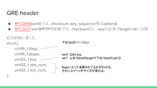 GRE header
● RFC2890(ver0)では、checksum, key, sequence等はoptional
● RFC2637 (ver1)PPTP用拡張では、checksumなし、keyは必須でlengthとidに分割
C言語風に書くと、
struct {
uint16_t flags;
uint16_t ptype;
uint32_t key;
uint32_t seq_num;
uint32_t ack_num;
};
flagsによって省略されてるかがわかる。
それによりヘッダサイズが変わる。
ver0: 32bit key
ver1: 上位16bitがlengthで下位16bitがcall ID
下位3bitがバージョン
 