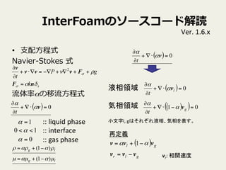 InterFoamΥ``ɽi
?? ?֧?ʽ
Navier-\??Stokes ?ʽ
ʦ?ʽ
sk
gP
t
Ħ
Ѧ


nF
Fvvv
v
=
++?+??=??+
?
? 2
::	
 ?liquid	
 ?phase	
 ?
::	
 ?interface	
 ?
::	
 ?gas	
 ?phase	
1=
0=
10 <<
Ver.	
 ?1.6.x	
( ) 0=??+
?
?
v

t
ҺI	
 ?
	
 ?
I	
( ) 0=??+
?
?
l
t
v

( ) 0=??+
?
?
v

t
( )( ) 01 =???+
?
?
g
t
v

Сl,	
 ?gϤ줾Һࡢ	
( )
glr
gl
vvv
vvv
?=
?+=  1
vr:	
 ?vٶ	
ٶx	
lg
lg
???
ѦѦ
)1(
)1(
?+=
?+=
 