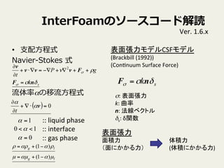 InterFoamΥ``ɽi
?? ?֧?ʽ
Navier-\??Stokes ?ʽ
ʦ?ʽ
sk
gP
t
Ħ
Ѧ


nF
Fvvv
v
=
++?+??=??+
?
? 2
::	
 ?liquid	
 ?phase	
 ?
::	
 ?interface	
 ?
::	
 ?gas	
 ?phase	
1=
0=
10 <<
Ver.	
 ?1.6.x	
揈ǥCSFǥ	
 ?
(Brackbill	
 ?(1992))	
 ?
(ConVnuum	
 ?Surface	
 ?Force)	
sk ĦҦ nF =
:	
 ?揈	
 ?
k:	
 ?	
 ?
n:	
 ?٥ȥ	
 ?
s:	
 ?v	
揈	
 ?
e 	
 ?e	
 ?
ˤ 	
 ? 	
 ?(eˤ)	
( ) 0=??+
?
?
v

t
lg
lg
???
ѦѦ
)1(
)1(
?+=
?+=
 