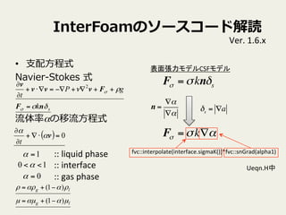 InterFoamΥ``ɽi
?? ?֧?ʽ
Navier-\??Stokes ?ʽ
ʦ?ʽ
::	
 ?liquid	
 ?phase	
 ?
::	
 ?interface	
 ?
::	
 ?gas	
 ?phase	
1=
0=
10 <<
Ver.	
 ?1.6.x	
( ) 0=??+
?
?
v

t
lg
lg
???
ѦѦ
)1(
)1(
?+=
?+=
sk
gP
t
Ħ
Ѧ


nF
Fvvv
v
=
++?+??=??+
?
? 2
fvc::interpolate(interface.sigmaK())*fvc::snGrad(alpha1)	
F =kns
揈ǥCSFǥ	
 ?
n =
?
?
s = ?a
F =k?
	
 ?Ueqn.H	
 