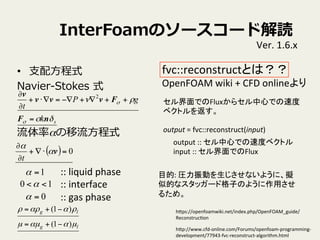 fvc::reconstructȤϣ	
 ?
OpenFOAM	
 ?wiki	
 ?+	
 ?CFD	
 ?online	
 ?
InterFoamΥ``ɽi
?? ?֧?ʽ
Navier-\??Stokes ?ʽ
ʦ?ʽ
::	
 ?liquid	
 ?phase	
 ?
::	
 ?interface	
 ?
::	
 ?gas	
 ?phase	
1=
0=
10 <<
Ver.	
 ?1.6.x	
( ) 0=??+
?
?
v

t
lg
lg
???
ѦѦ
)1(
)1(
?+=
?+=
sk
gP
t
Ħ
Ѧ


nF
Fvvv
v
=
++?+??=??+
?
? 2
hpp://www.cfd-?\online.com/Forums/openfoam-?\programming-?\
development/77943-?\fvc-?\reconstruct-?\algorithm.html	
hpps://openfoamwiki.net/index.php/OpenFOAM_guide/
ReconstrucVon	
ǤFlux饻ĤǤٶ
٥ȥ򷵤	
output	
 ?=	
 ?fvc::reconstruct(input)	
output	
 ?::	
 ?ĤǤٶȥ٥ȥ	
 ?
input	
 ?::	
 ?ǤFlux	
Ŀ:	
 ?RӤʤ褦ˡM
ƵĤʥå`ɸӤΤ褦ä
뤿ᡣ	
 
