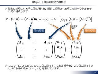 113
UEqn.H｜運動方程式の離散化
 陰的に処理される項は係数行列を，陽的に処理される項は右辺ベクトルをそ
れぞれ構成します．
𝛻 ∙ 𝒖 𝒖 − 𝛻 ∙ 𝒖 𝒖 = −𝛻𝑝 + 𝛻 ∙ 𝜈 𝑒𝑓𝑓 𝛻𝒖 + 𝛻𝒖 𝑇
𝐴11 𝐴1𝑁
𝐴 𝑁1 𝐴 𝑁𝑁
𝑢1𝑘
𝑢2𝑘
⋮
𝑢 𝑁𝑘
=
𝑠1𝑘
𝑠2𝑘
⋮
𝑠 𝑁𝑘
 ここで，𝑢𝑖𝑘 および 𝑠𝑖𝑘 の１つ目の添え字 𝑖 はセル番号を，２つ目の添え字 𝑘
はベクトルの成分 𝑘 = 1, 2, 3 を表しています．
陰的処理 陽的処理
…
…
…
…
非直交
補正
 