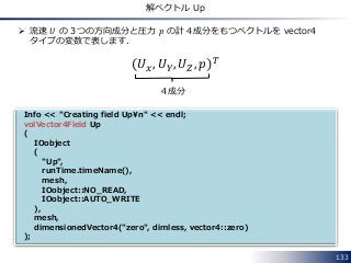 133
解ベクトル Up
Info << "Creating field Up¥n" << endl;
volVector4Field Up
(
IOobject
(
"Up",
runTime.timeName(),
mesh,
IOobject::NO_READ,
IOobject::AUTO_WRITE
),
mesh,
dimensionedVector4("zero", dimless, vector4::zero)
);
 流速 𝑈 の３つの方向成分と圧力 𝑝 の計４成分をもつベクトルを vector4
タイプの変数で表します．
𝑈 𝑥, 𝑈 𝑌, 𝑈 𝑍, 𝑝 𝑇
４成分
 