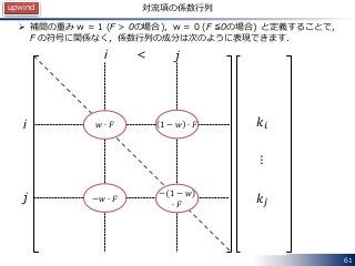 61
対流項の係数行列
 補間の重み w = 1 (F > 0の場合)，w = 0 (F ≦0の場合) と定義することで，
F の符号に関係なく，係数行列の成分は次のように表現できます．
i
ji
j
𝑘𝑖
𝑘𝑗
⋮
<
1 − 𝑤 ∙ 𝐹
−𝑤 ∙ 𝐹
𝑤 ∙ 𝐹
upwind
− 1 − 𝑤
∙ 𝐹
 