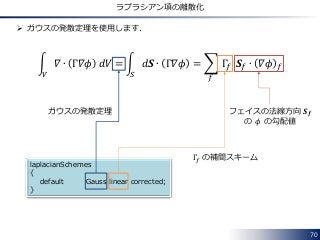 70
ラプラシアン項の離散化
 ガウスの発散定理を使用します．
𝛻 ∙ Γ𝛻𝜙 𝑑𝑉
𝑉
= 𝑑𝑺 ∙ Γ𝛻𝜙
𝑆
= Γ𝑓 𝑺 𝑓 ∙ 𝛻𝜙 𝑓
𝑓
フェイスの法線方向 𝑺 𝒇
の 𝜙 の勾配値
Γ𝑓 の補間スキーム
laplacianSchemes
{
default Gauss linear corrected;
}
ガウスの発散定理
 