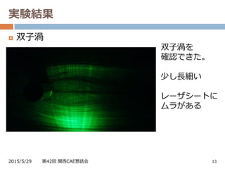 実験結果
2015/5/29 第42回 関西CAE懇話会 13
 双子渦
双子渦を
確認できた。
少し長細い
レーザシートに
ムラがある
動画：http://youtu.be/hhICIKTodoI
 