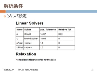 解析条件
2015/5/29 第42回 関西CAE懇話会 22
 ソルバ設定
 