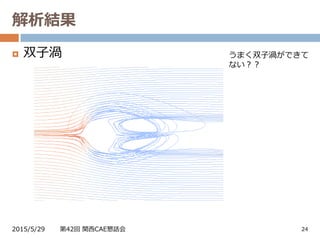 解析結果
2015/5/29 第42回 関西CAE懇話会 24
 双子渦 うまく双子渦ができて
ない？？
 