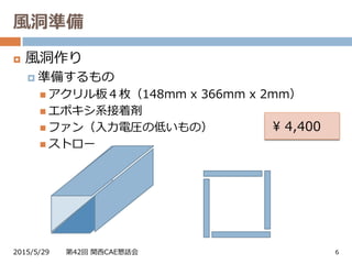  風洞作り
 準備するもの
 アクリル板４枚（148mm x 366mm x 2mm）
 エポキシ系接着剤
 ファン（入力電圧の低いもの）
 ストロー
風洞準備
2015/5/29 第42回 関西CAE懇話会 6
¥ 4,400
 