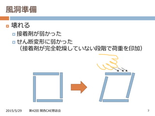 風洞準備
2015/5/29 第42回 関西CAE懇話会 7
 壊れる
 接着剤が弱かった
 せん断変形に弱かった
（接着剤が完全乾燥していない段階で荷重を印加）
 