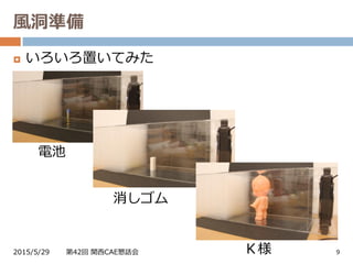 風洞準備
2015/5/29 第42回 関西CAE懇話会 9
 いろいろ置いてみた
電池
消しゴム
Ｋ様
 