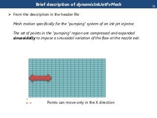 Brief description of dynamicInkJetFvMesh
 From the description in the header file
 Mesh motion specifically for the "pumping" system of an ink-jet injector.

The set of points in the "pumping" region are compressed and expanded
sinusoidally to impose a sinusoidal variation of the flow at the nozzle exit.
Points can move only in the X direction
78
 