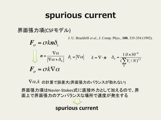 spurious ?current
揈(CSFǥ)	
J. U. Brackbill et al., J. Comp. Phys., 100, 335-354 (1992).
F =kns
n =
?
? +N
s = ?
F =k?
N =
1.010?8
( Vi / N
N
 )1/3k = ??n
?,k
揈헤Navier-?\StokesʽֱȤƼӤΤǡ
Ϥǽ揈ΥХ󥹤ʈٶȤk	
 ?
Ӌ`(揈ΥХ󥹤ȡʤ)	
spurious	
 ?current	
 