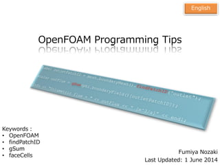 OpenFOAM Programming Tips
Keywords：
• OpenFOAM
• findPatchID
• gSum
• faceCells
• DynamicList
English
Fumiya Nozaki
Last Updated: 6 May 2015
 